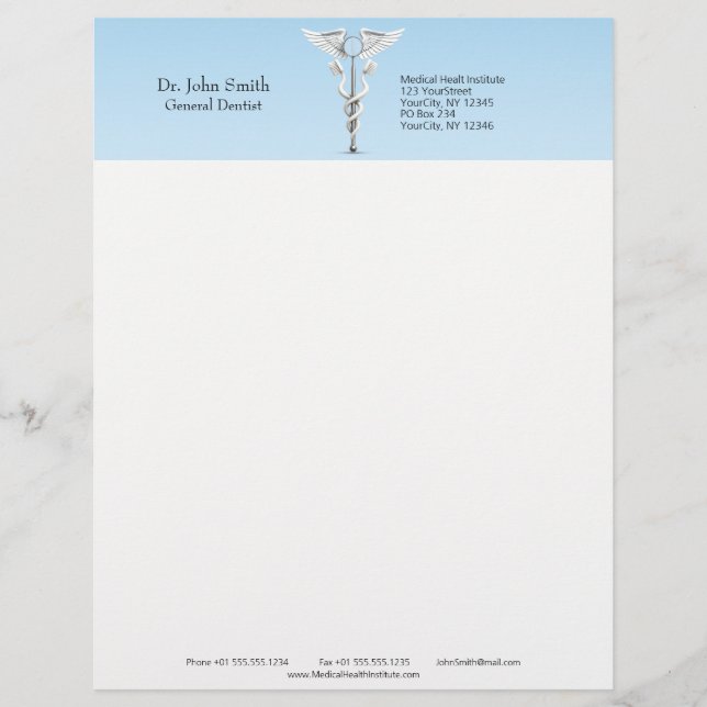 White Dental Mirror Toothbrush Medical Caduceus Letterhead (Front)