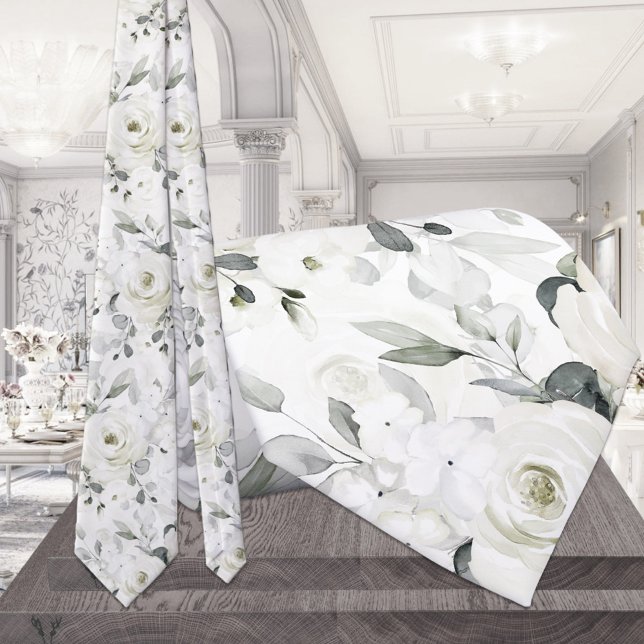 White Desdemona Rose 2 Silver Eucalyptus Wedding Neck Tie (Creator Uploaded)