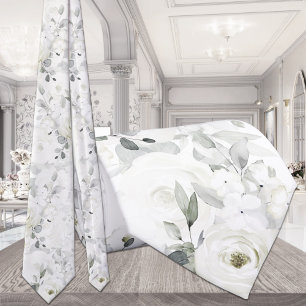 White Desdemona Rose Eucalyptus Wedding Pale White Neck Tie