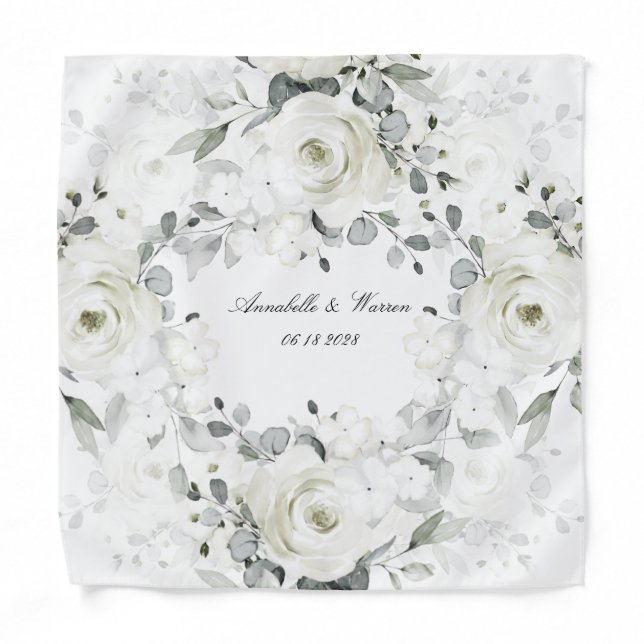White Desdemona Rose Tie Matching Pocket Square Bandana (Front)