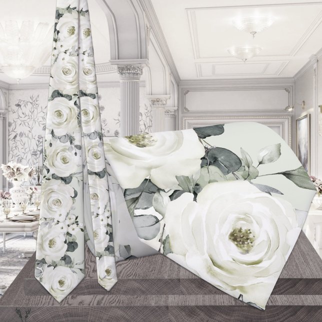 White Desdemona Roses Wedding Sage Green Neck Tie (Creator Uploaded)