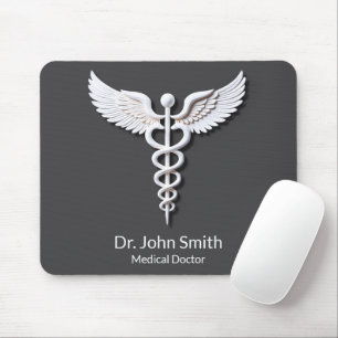 White Detailed Clean Caduceus Anthracite Medical Mouse Pad