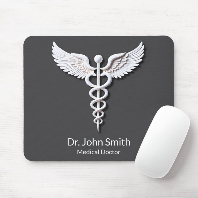 White Detailed Clean Caduceus Anthracite Medical Mouse Pad (With Mouse)