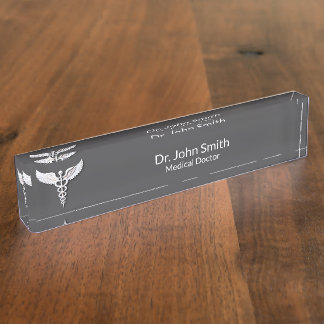 White Detailed Clean Caduceus Warm Gray Medical Desk Name Plate