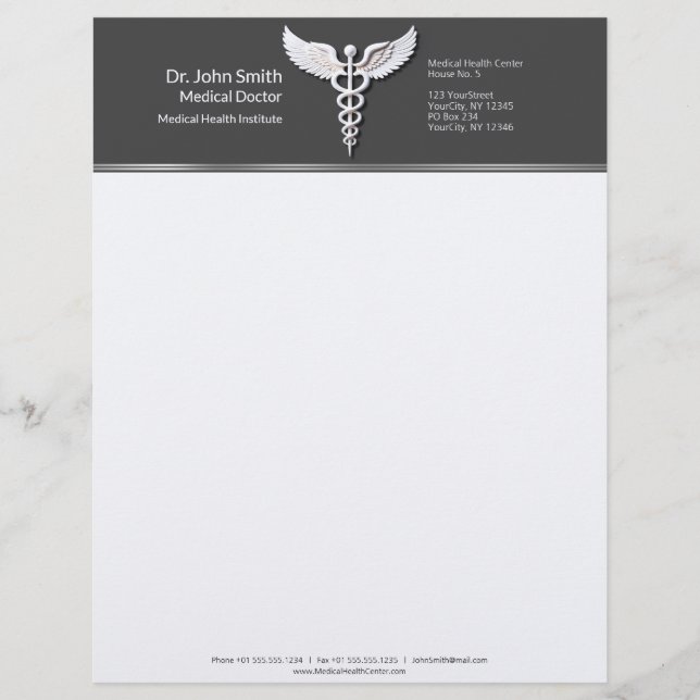 White Detailed Clean Caduceus Warm Gray Medical Letterhead (Front)