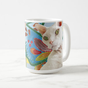 White Devon Rex Cat Rainbow Fairy Wings Coffee Mug