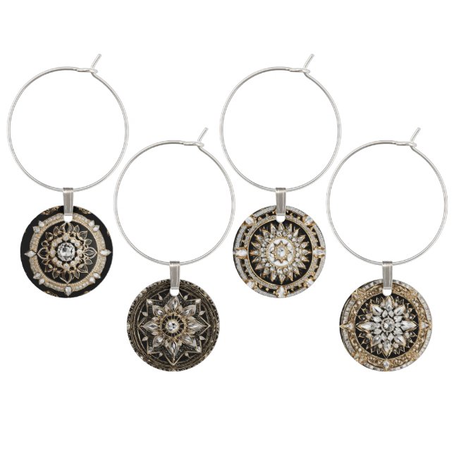 White diamond, and gold mandalas wine charm (Staggered)