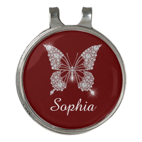 White Diamond Butterfly DIY Name Dark Red Golf Hat Clip