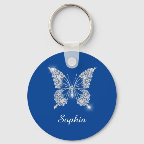 White Diamond Butterfly DIY Name Deep Blue Keychain