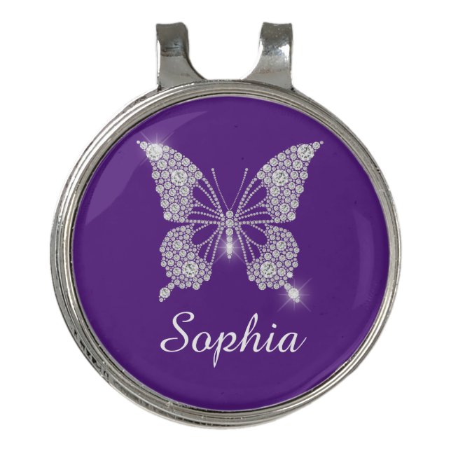 White Diamond Butterfly, DIY Name, Royal Purple Golf Hat Clip (Front)