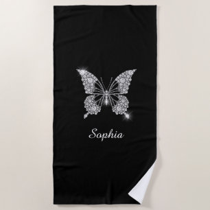 White Diamond Butterfly, DIY Script Name, Black Beach Towel