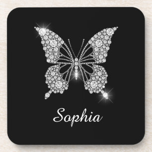 White Diamond Butterfly, DIY Script Name, Black Beverage Coaster
