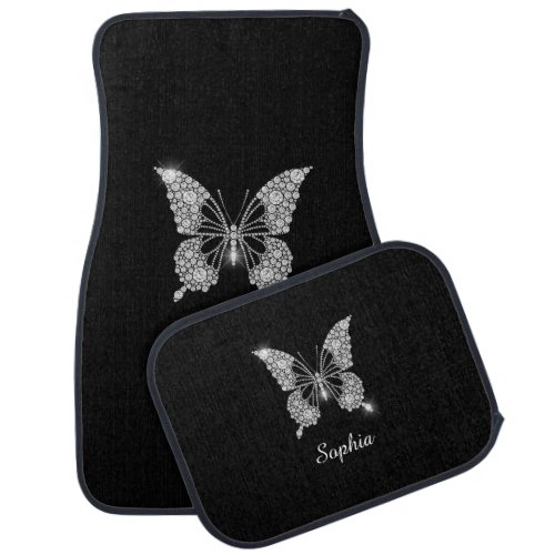 White Diamond Butterfly DIY Script Name Black Car Floor Mat