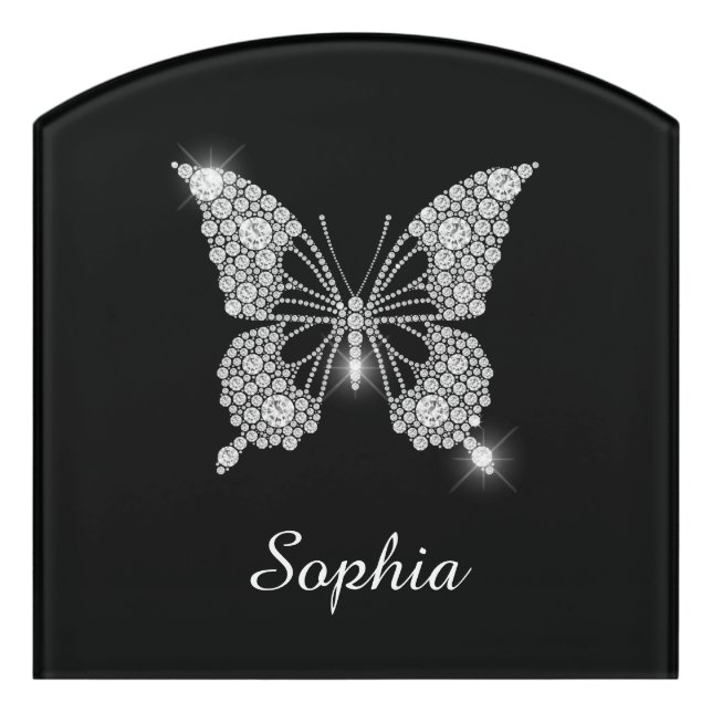 White Diamond Butterfly, DIY Script Name, Black Door Sign (Contour Front)