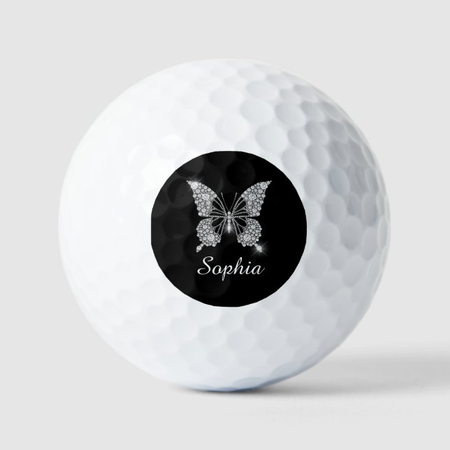 White Diamond Butterfly, DIY Script Name, Black Golf Balls (Front)