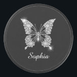 White Diamond Butterfly, DIY Script Name, Black Hockey Puck<br><div class="desc">A classy white diamond butterfly design to personalize name in white script text on black background. Click “Customize” to change colors and type styles.</div>