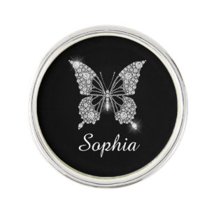 White Diamond Butterfly, DIY Script Name, Black Lapel Pin