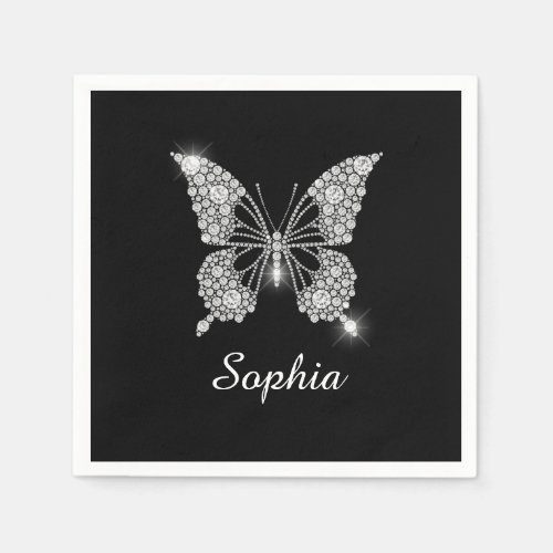 White Diamond Butterfly DIY Script Name Black Napkins