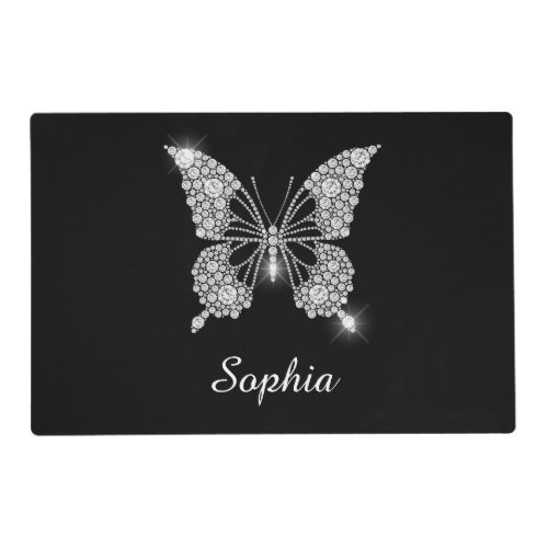 White Diamond Butterfly DIY Script Name Black Placemat