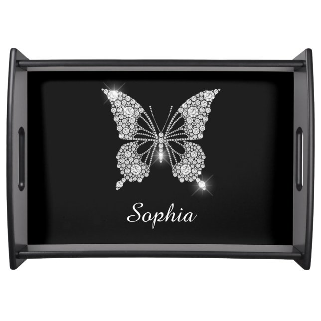 White Diamond Butterfly, DIY Script Name, Black Serving Tray (Front)