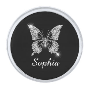 White Diamond Butterfly, DIY Script Name, Black Silver Finish Lapel Pin