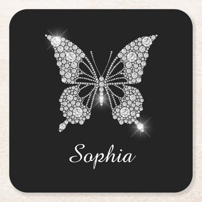 White Diamond Butterfly, DIY Script Name, Black Square Paper Coaster (Front)