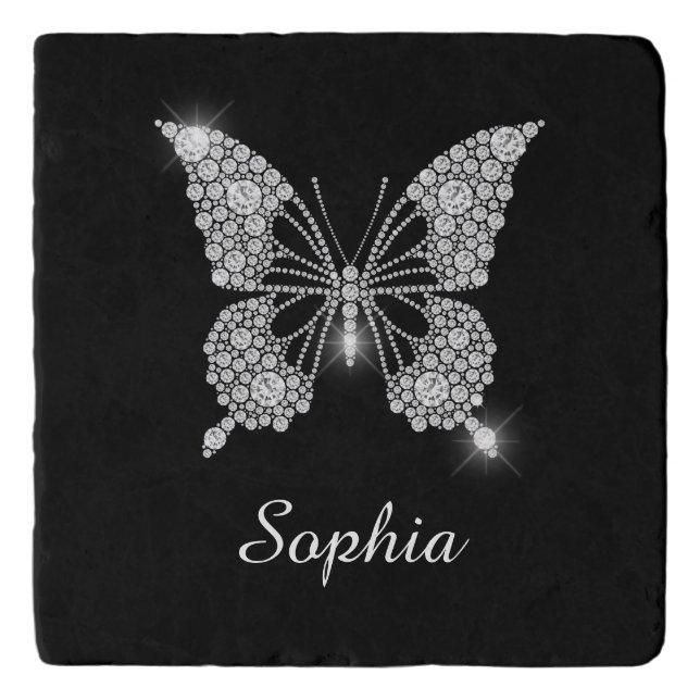 White Diamond Butterfly, DIY Script Name, Black Trivet (Front)