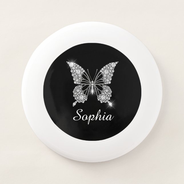 White Diamond Butterfly, DIY Script Name, Black Wham-O Frisbee (Front)