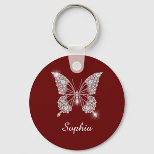 White Diamond Butterfly, DIY Script Name, Dark Red Keychain