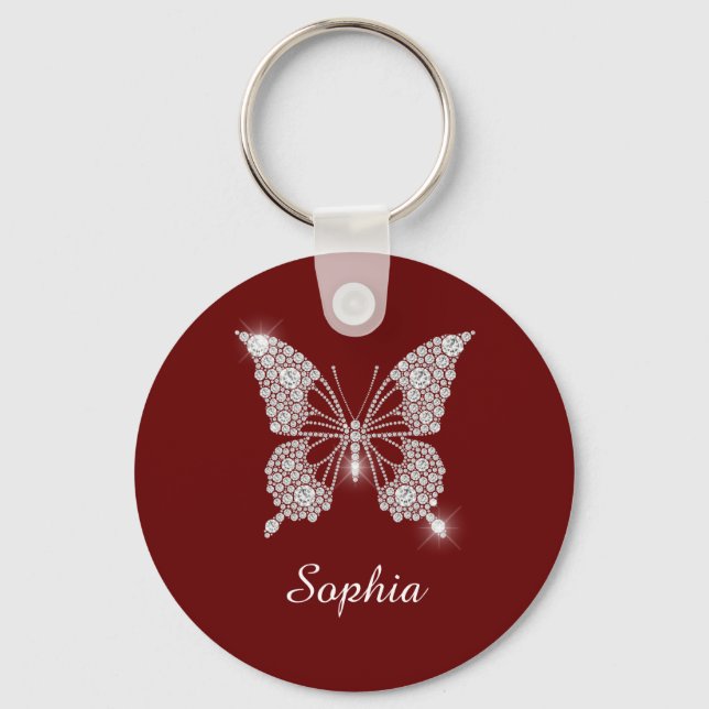 White Diamond Butterfly, DIY Script Name, Dark Red Keychain (Front)