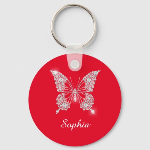 White Diamond Butterfly DIY Script Name Red Keychain