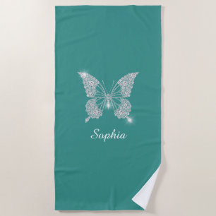 White Diamond Butterfly, DIY Script Name, Teal Beach Towel