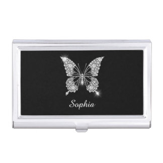White Diamond Butterfly, Script Name, Black Business Card Case
