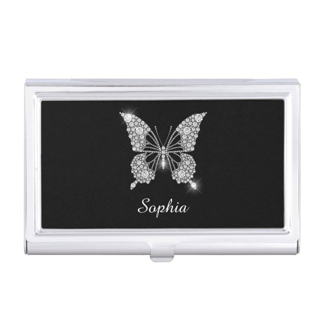 White Diamond Butterfly, Script Name, Black Business Card Case (Front)
