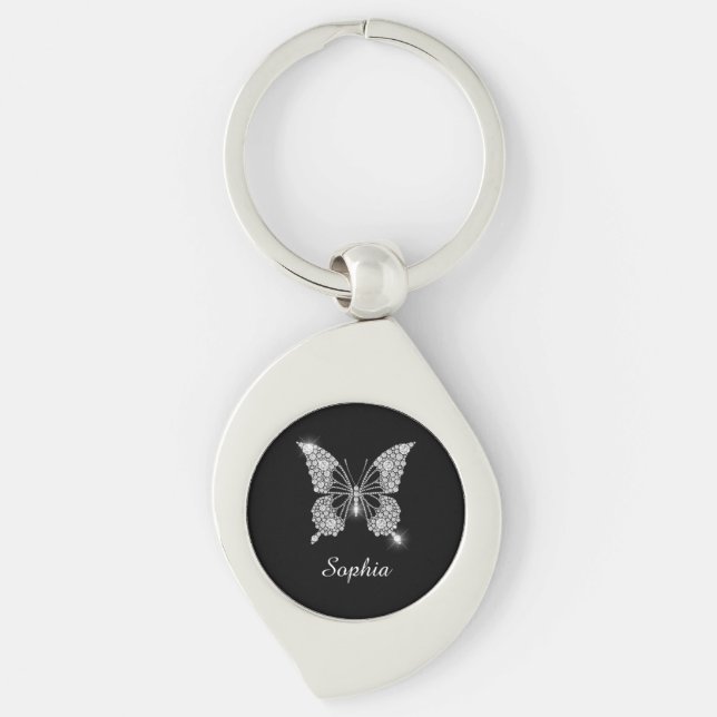 White Diamond Butterfly, Script Name, Black Keychain (Front)