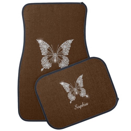 White Diamond Butterfly Script Name Brown Car Floor Mat