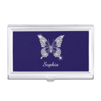 White Diamond Butterfly, Script Name, Dark Blue Business Card Case
