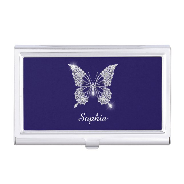 White Diamond Butterfly, Script Name, Dark Blue Business Card Case (Front)