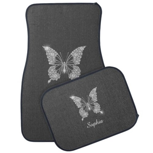 White Diamond Butterfly Script Name Dark Grey Car Floor Mat