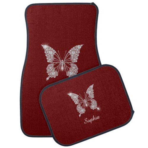 White Diamond Butterfly Script Name Dark Red Car Floor Mat