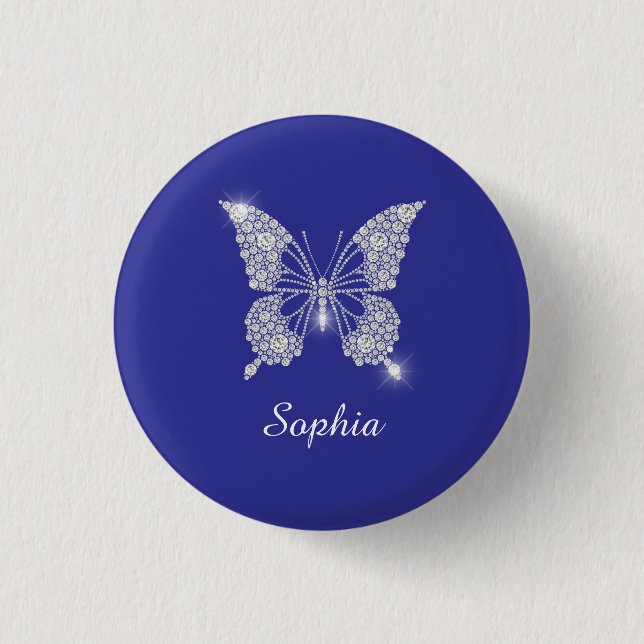 White Diamond Butterfly, Script Name, Deep Blue Button (Front)