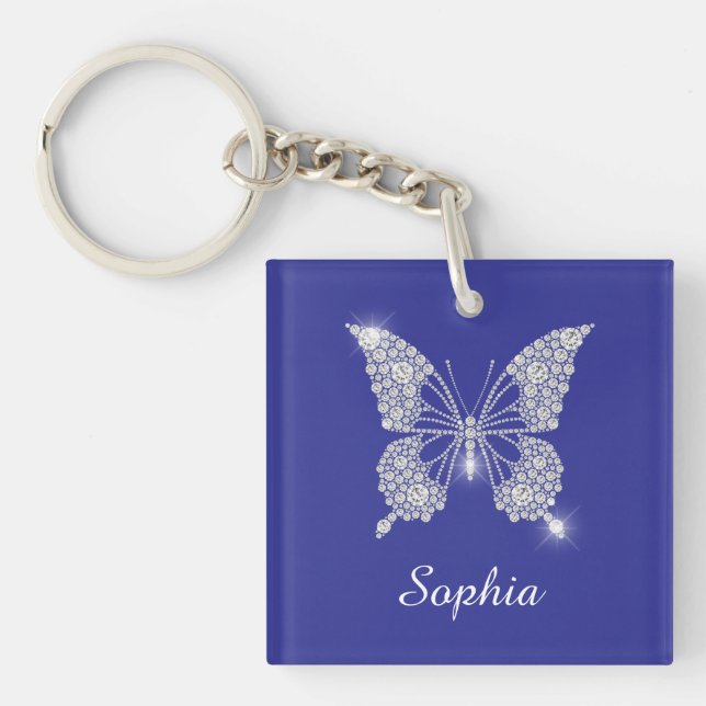 White Diamond Butterfly, Script Name, Deep Blue Keychain (Front)