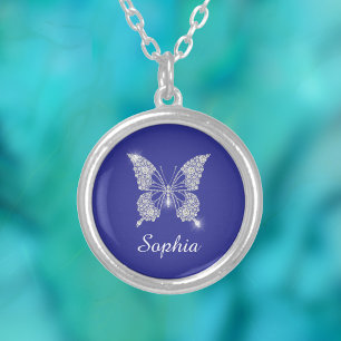 White Diamond Butterfly, Script Name, Deep Blue Silver Plated Necklace