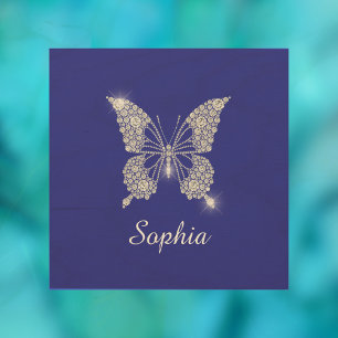 White Diamond Butterfly, Script Name, Deep Blue Wood Wall Art