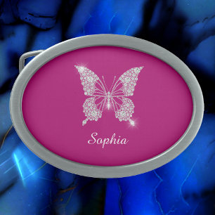 White Diamond Butterfly, Script Name, Deep Fuchsia Belt Buckle
