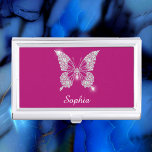 White Diamond Butterfly, Script Name, Deep Fuchsia Business Card Case<br><div class="desc">A classy white diamond butterfly with white script name on deep fuchsia background.</div>