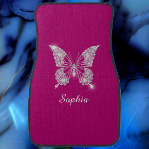 White Diamond Butterfly, Script Name, Deep Fuchsia Car Floor Mat