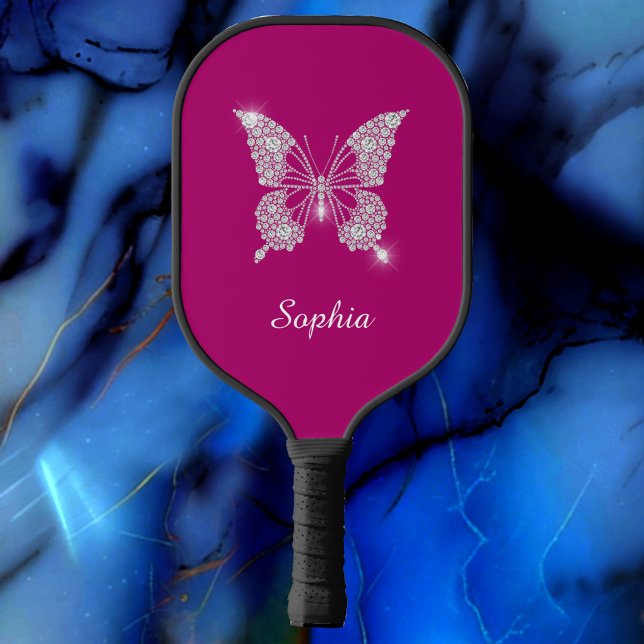 White Diamond Butterfly, Script Name, Deep Fuchsia Carbon Fiber Pickleball Paddle (Creator Uploaded)