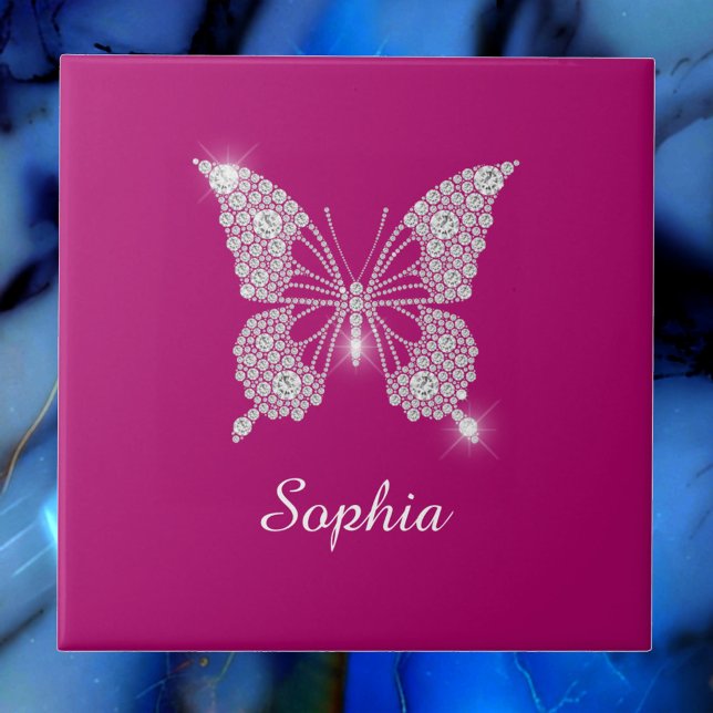 White Diamond Butterfly, Script Name, Deep Fuchsia Ceramic Tile (Creator Uploaded)
