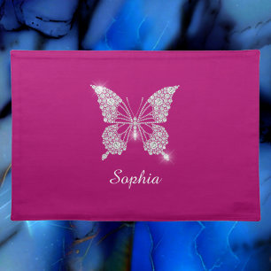 White Diamond Butterfly, Script Name, Deep Fuchsia Cloth Placemat